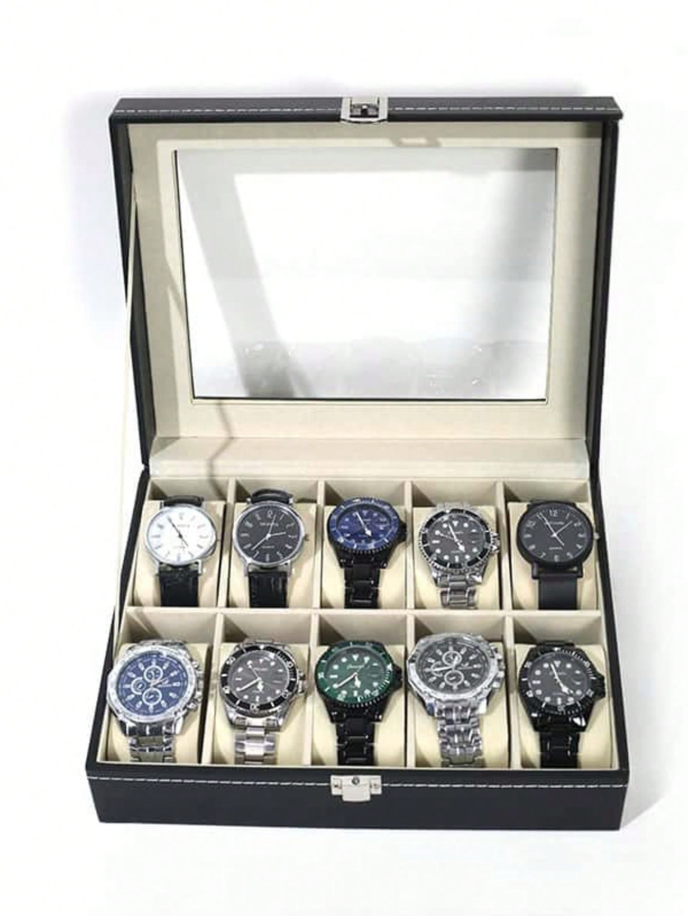 Jewels On Watches - กล่องใส่นาฬิกาหนังพร้อมกุญแจล็อค, กล่องโชว์นาฬิกาความจุขนาดใหญ่, กล่องเก็บเครื่องประดับระดับไฮเอนด์สำหรับผู้ชายและผู้หญิง, สำหรับโต๊ะเครื่องแป้งในบ้าน
