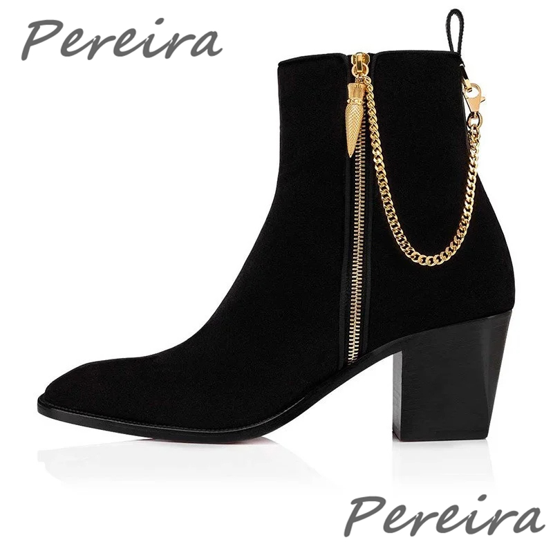 Anklet Foot Chain - รองเท้าบูทข้อเท้าหนังกลับผู้ชาย สายโซ่ทอง สีดำแดง กำมะหยี่ หัวแหลม ส้นสูง