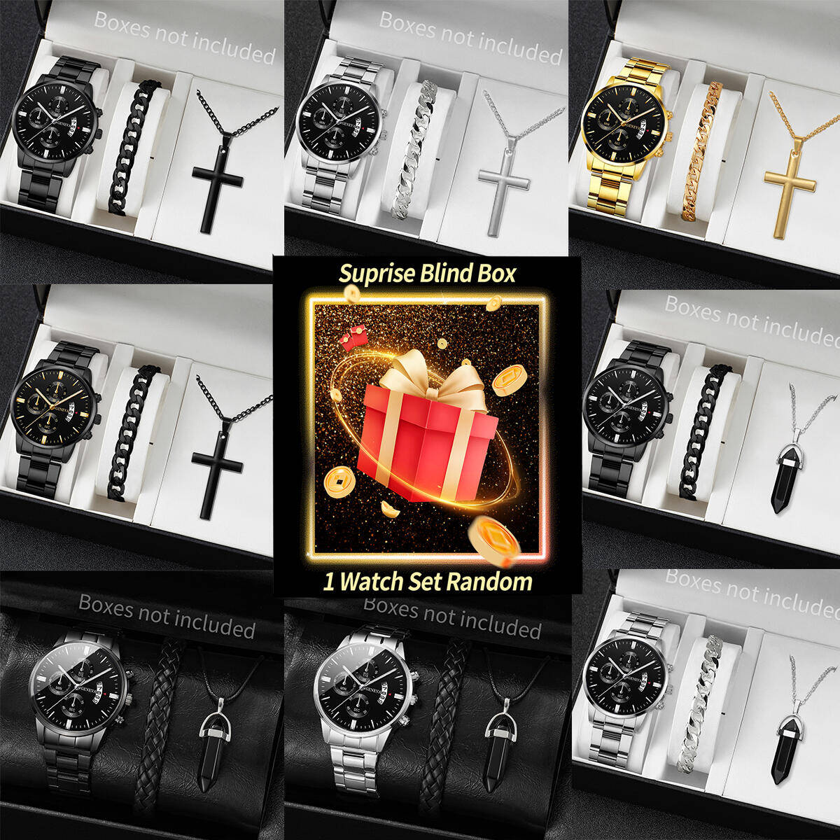 Jewelry Watch - นาฬิกาข้อมือเซอร์ไพรส์แบบสุ่ม-ชุด 3 ชิ้น/ชุด นาฬิกาควอตซ์แฟชั่นผู้ชายพร้อมปฏิทิน ชุดเครื่องประดับ Reloj
