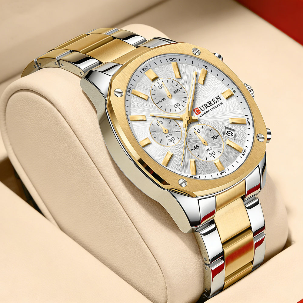Jewelry Watch - CURREN นาฬิกาสปอร์ตสำหรับผู้ชายสมัยใหม่ขนาด 42 มม. - สายสแตนเลสโครโนกราฟและวันที่,