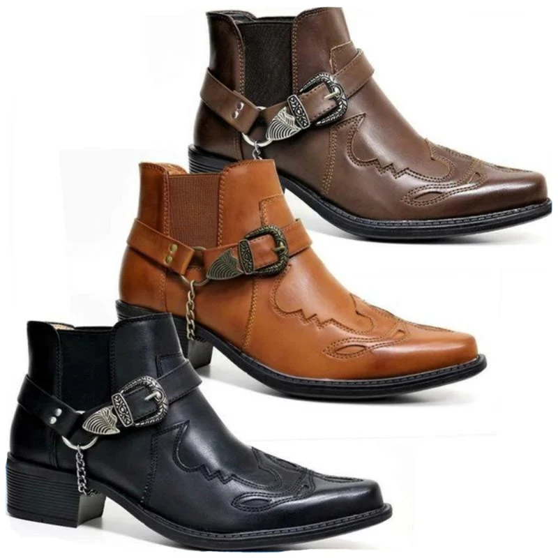 Anklet Foot Chain - รองเท้าบูทคาวบอยวินเทจหนังแท้ทรงสูงประดับโซ่และหัวเข็มขัดสไตล์พังก์สำหรับผู้ชาย แฟชั่นปี 2026 รองเท้าบูทข้อเท้าทรงแหลมสำหรับนักขี่มอเตอร์ไซค์